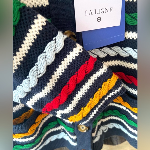 π LA LIGNE x Target Women's Textured Striped Cardigan Sweater Navy Red Yellow - Picture 15 of 17